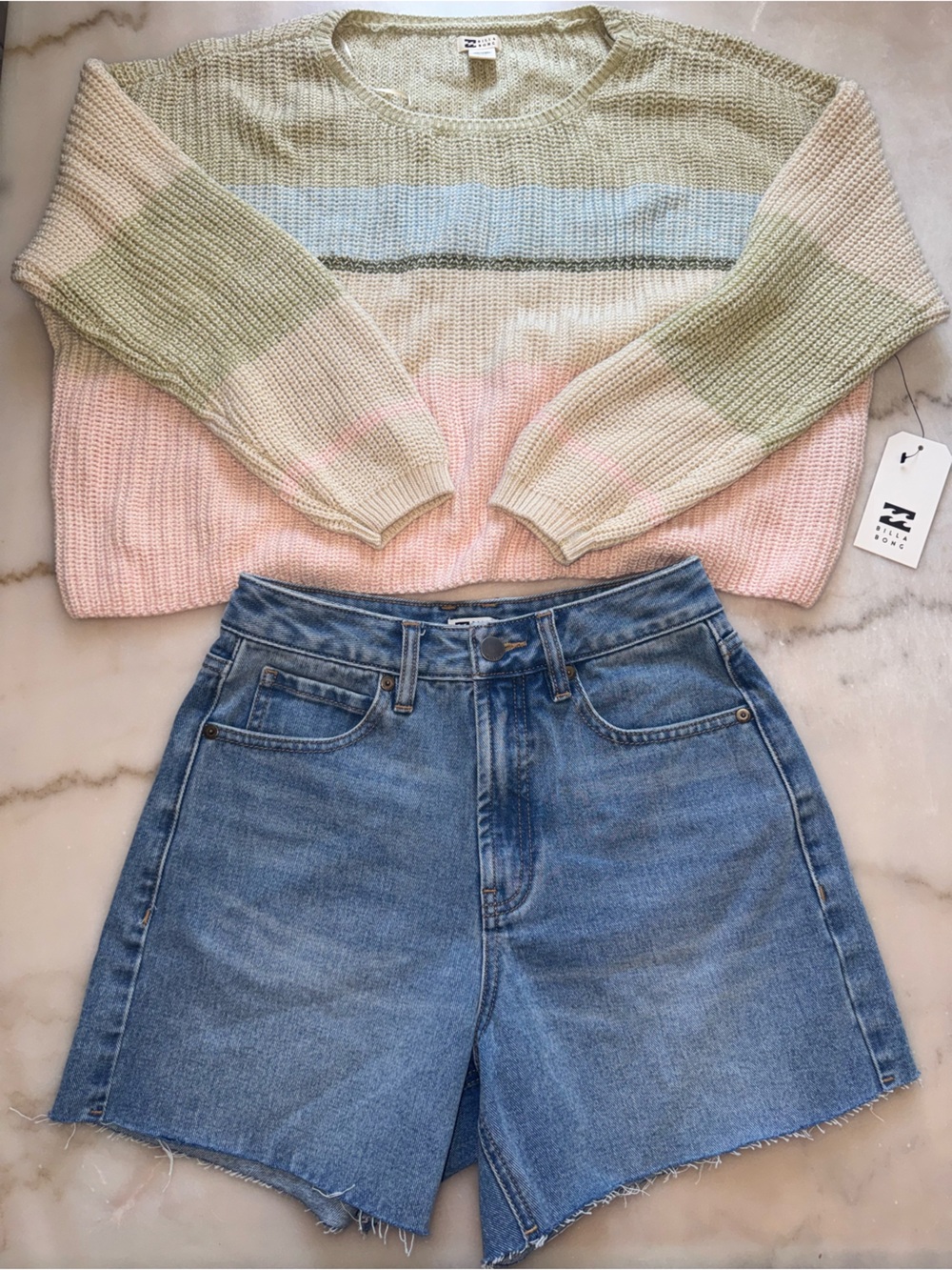 Billabong Pastel Stripe Cropped Crewneck Sweater & Denim Shorts Set